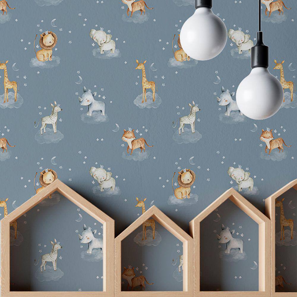Papel de parede Animais Infantil Aquarela Azul estrelas abstratas Safari Auto Adesivo 3m