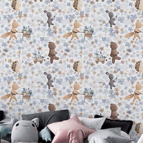 Papel De Parede Infantil Aquarela Animais Floridos Quarto Sala Cozinha Lavavel Viníl 12m