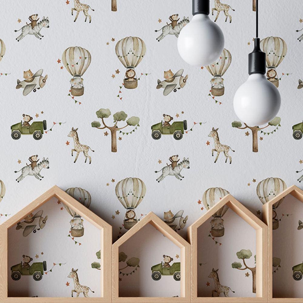 Papel de parede Animais infantil Decorativo Aquarela Clara balões Quarto menino Lavavel 12m