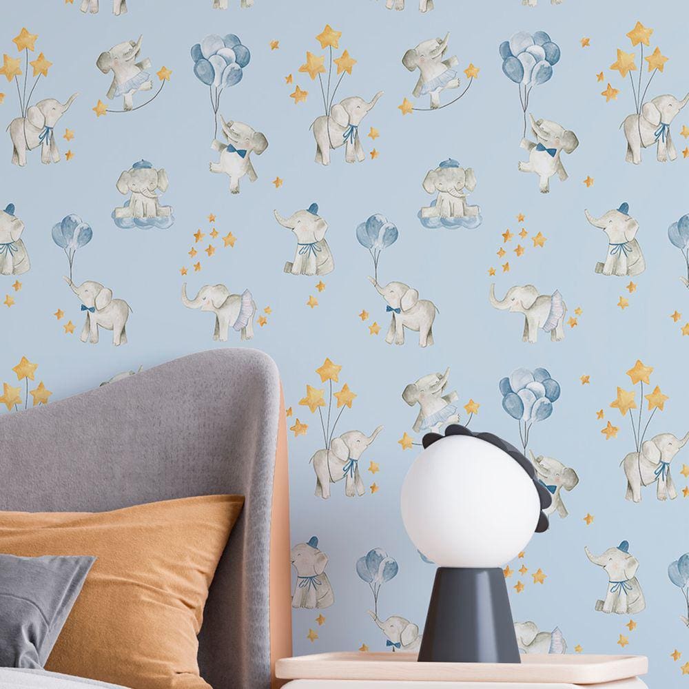 Papel de Parede Auto Adesivo Elefante Fofinho infantil azul quarto menino Decorativo 15m