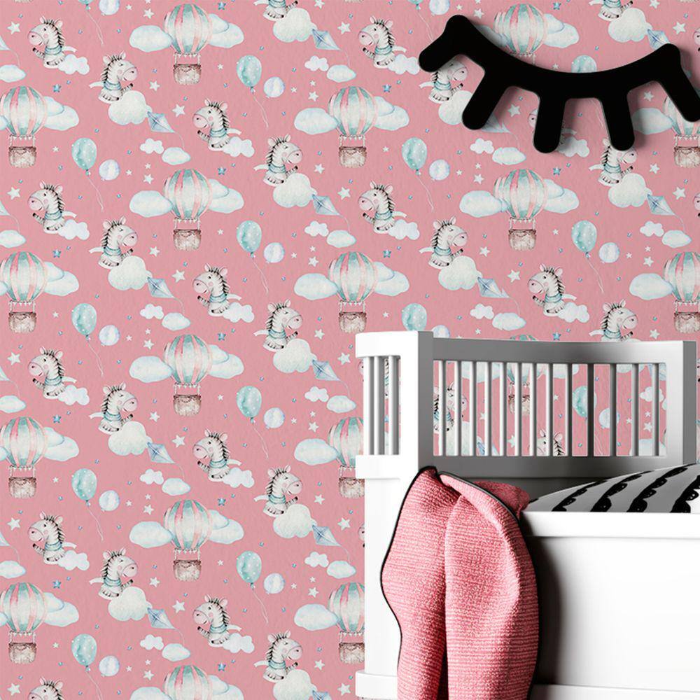Papel De Parede Decorativo Infantil Zebra Aquarela Rosa Quarto Menina Vinilico Auto Colante 15m