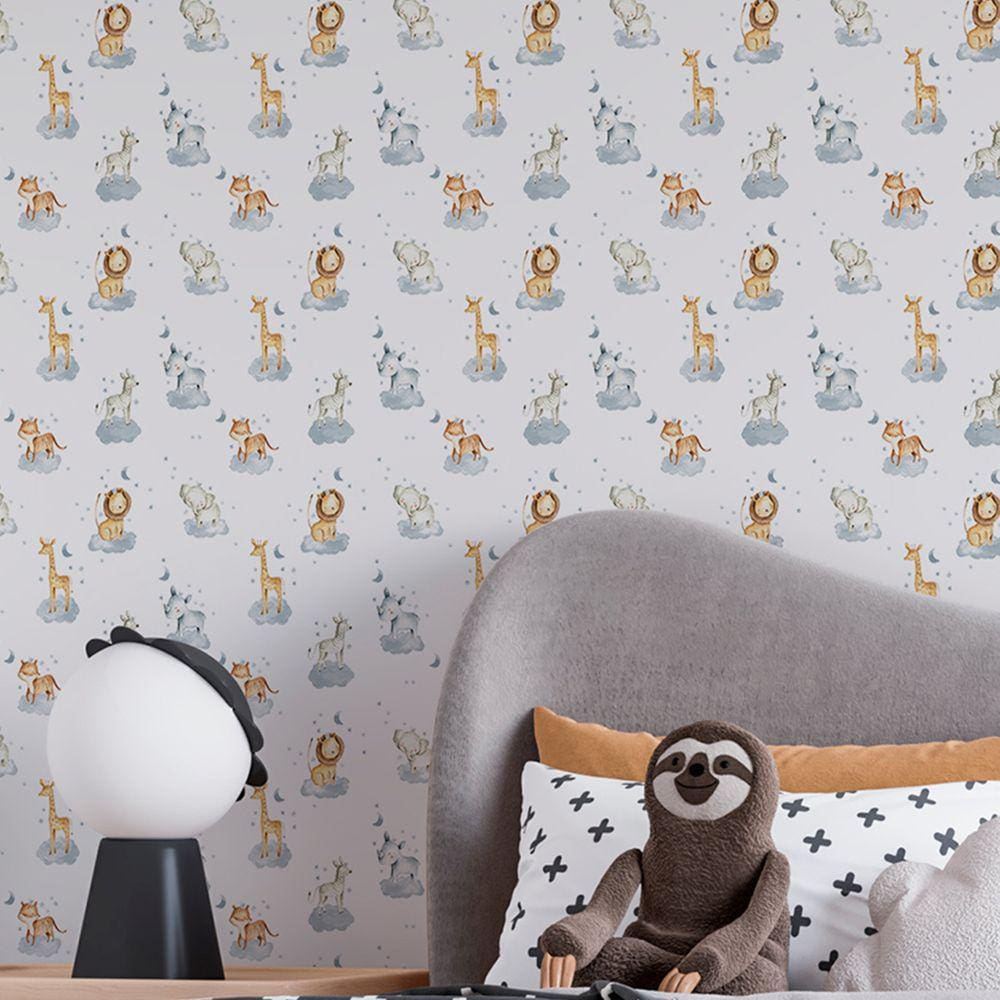 Papel de parede Aquarela Infantil Branco Animais Fofinhos Safari Quarto Vinil Auto Colante 15m
