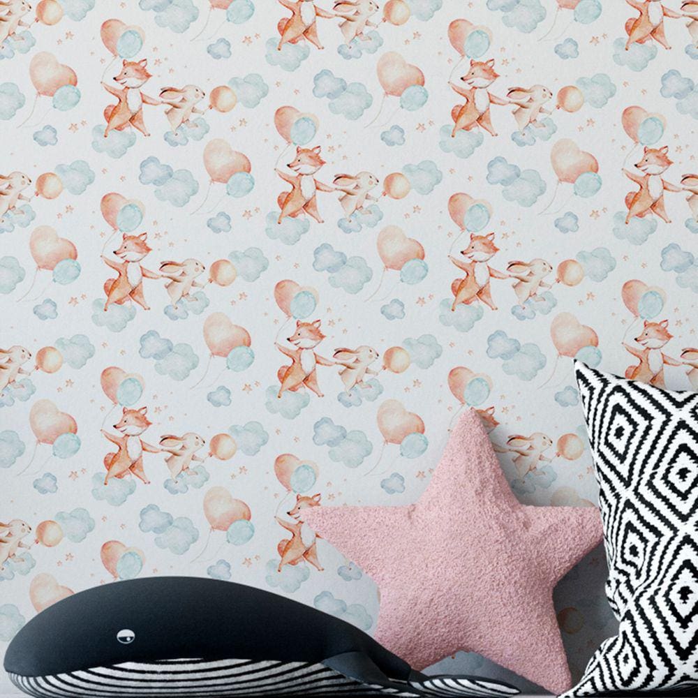 Papel De Parede Infantil Coelhinho Fofinho Aquarela Azul Quarto Auto Colante Lavavel 18m