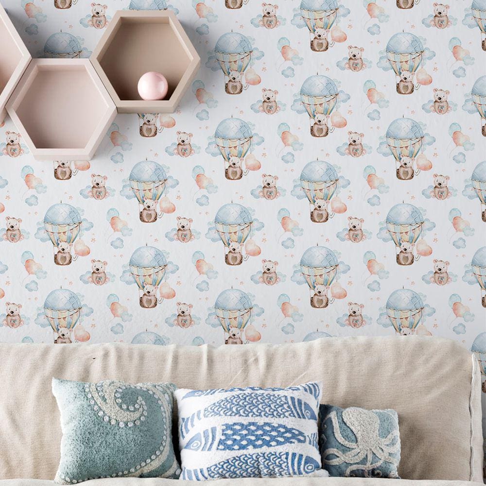 Papel De Parede Auto Colante Infantil Ursinho Fofinho Aquarela Azul Vinilico Decorativo 18m