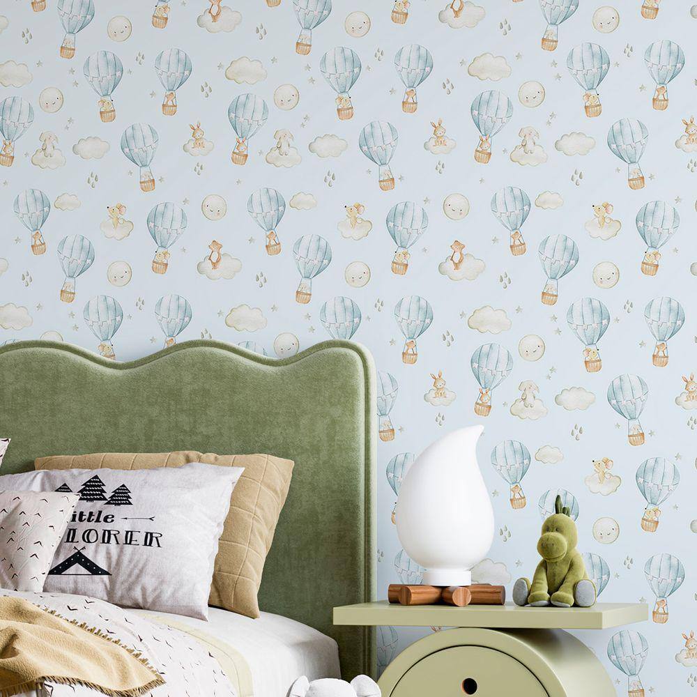 Papel de Parede Ursinho Infantil Lavavel Balões azul Quarto Menino decorado 15m
