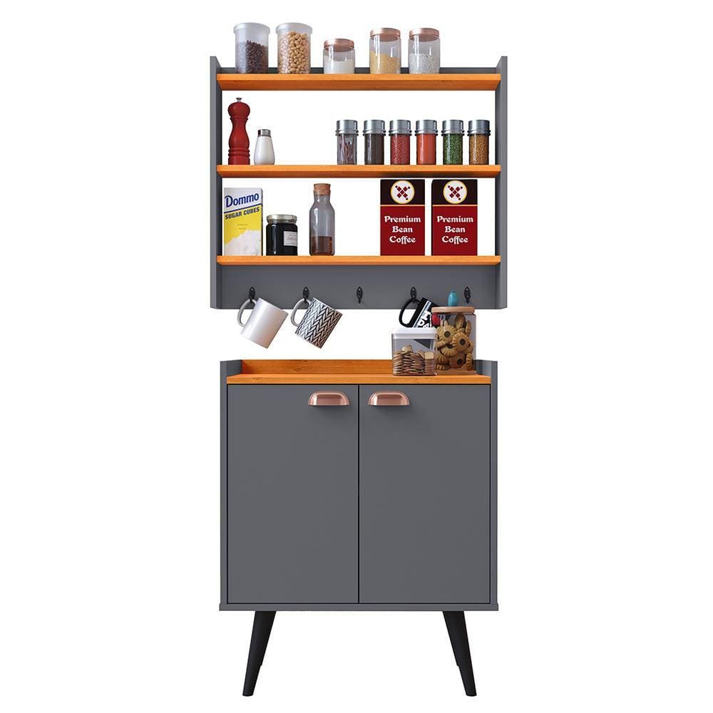 Kit Aparador Buffet Cantinho Café 2 Portas Linea Armário Suspenso Prateleiras Ganchos Porta Utensílios Amélia - RPM Móveis