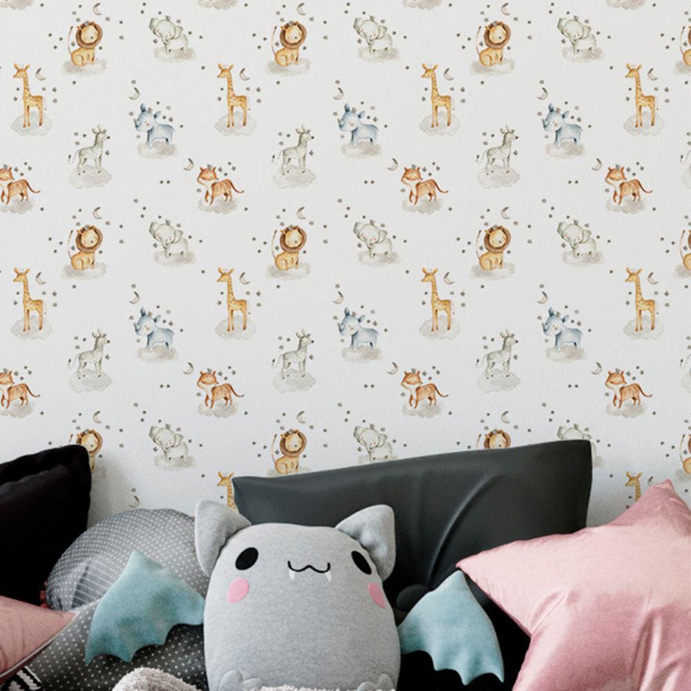 Papel de parede Infantil Aquarela Branca Animais Fofinhos Safari Colorido Decorativo 18m