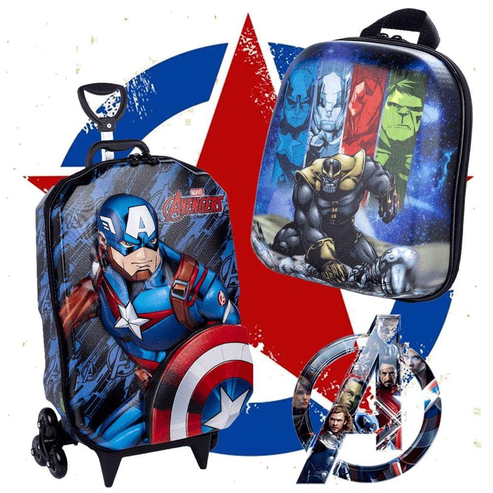 Kit Mala Escolar 3D Capitão América e Lancheira Vingadores