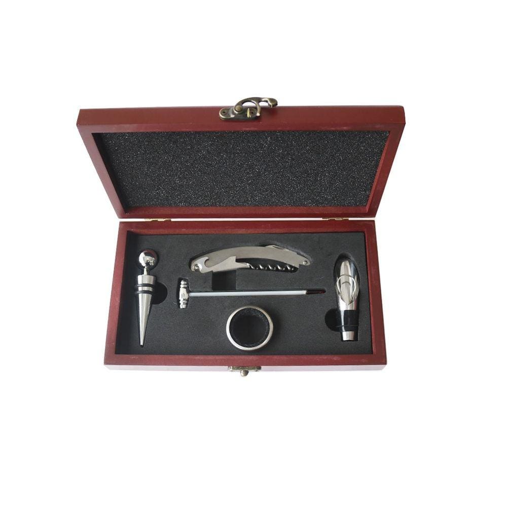 Kit Vinho Com 5 Acessórios No Estojo De Madeira 23cm