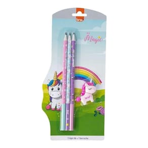 Kit Escolar 3 Lápis HB + Borracha Divertida Decorada Tema Magic Unicórnio ou Raptor Dinossauros - BRW