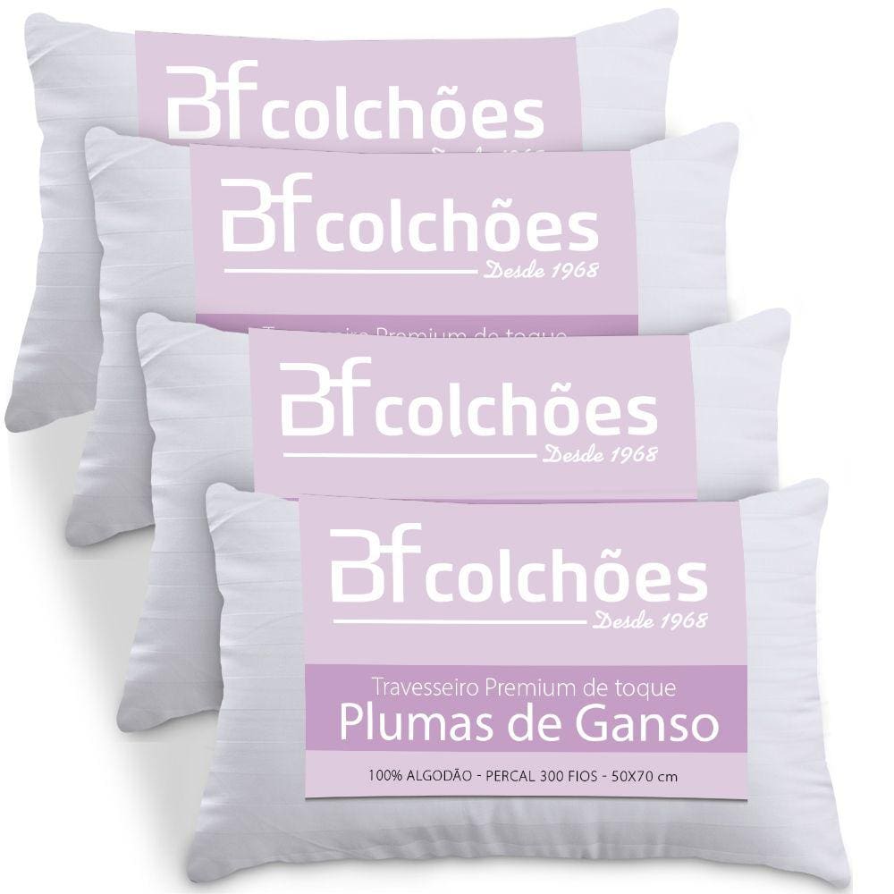 Kit 4 Travesseiros Fibras Toque Pluma de Ganso 100% Algodão Percal 300 Fios Premium Antialérgico 50x70cm - BF Colchões