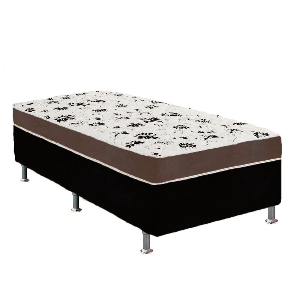 Cama Box Solteiro Suede Preto + Colchão Solteiro Suede Marrom Orto Molas Ensacada 88x188x55