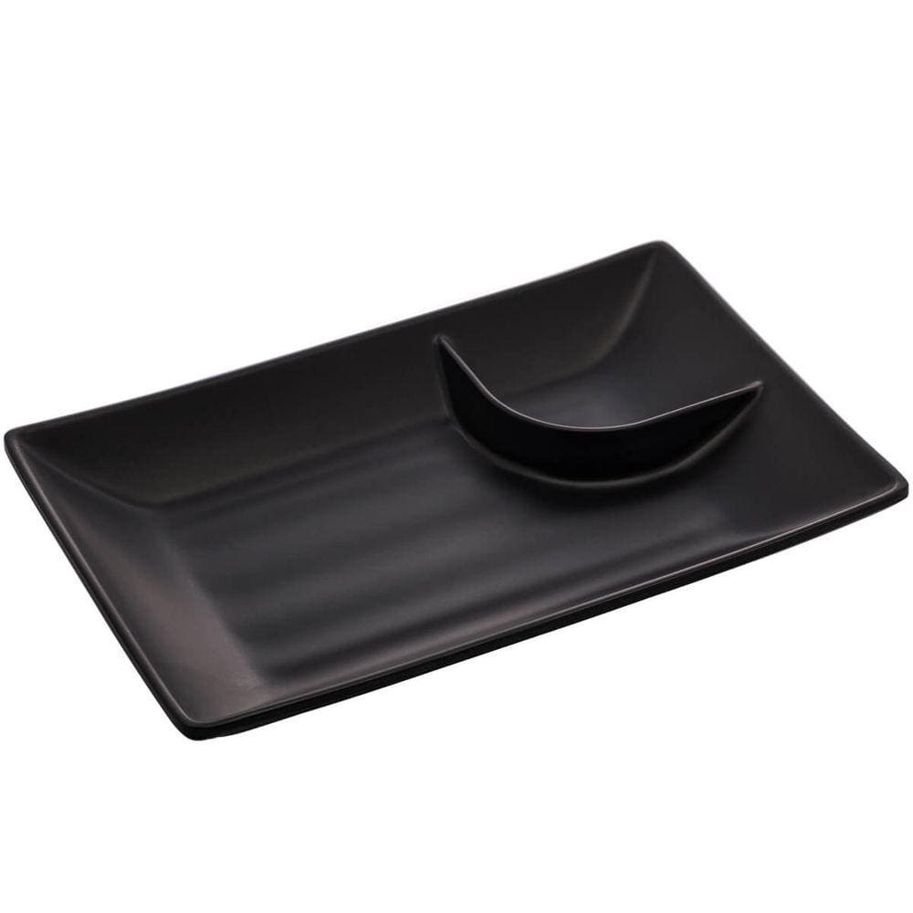 Prato para Sushi Lyor Travessa Retangular Pequena Petisqueira com Molheira Melamina Tóquio Preto