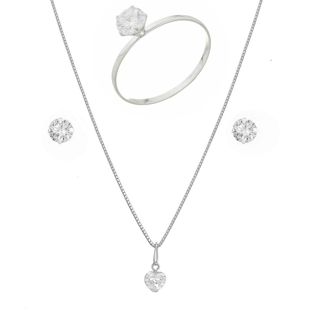 Colar De Prata 45cm Conjunto Feminino Anel Zircônia Brinco Pingente Ponto De Luz