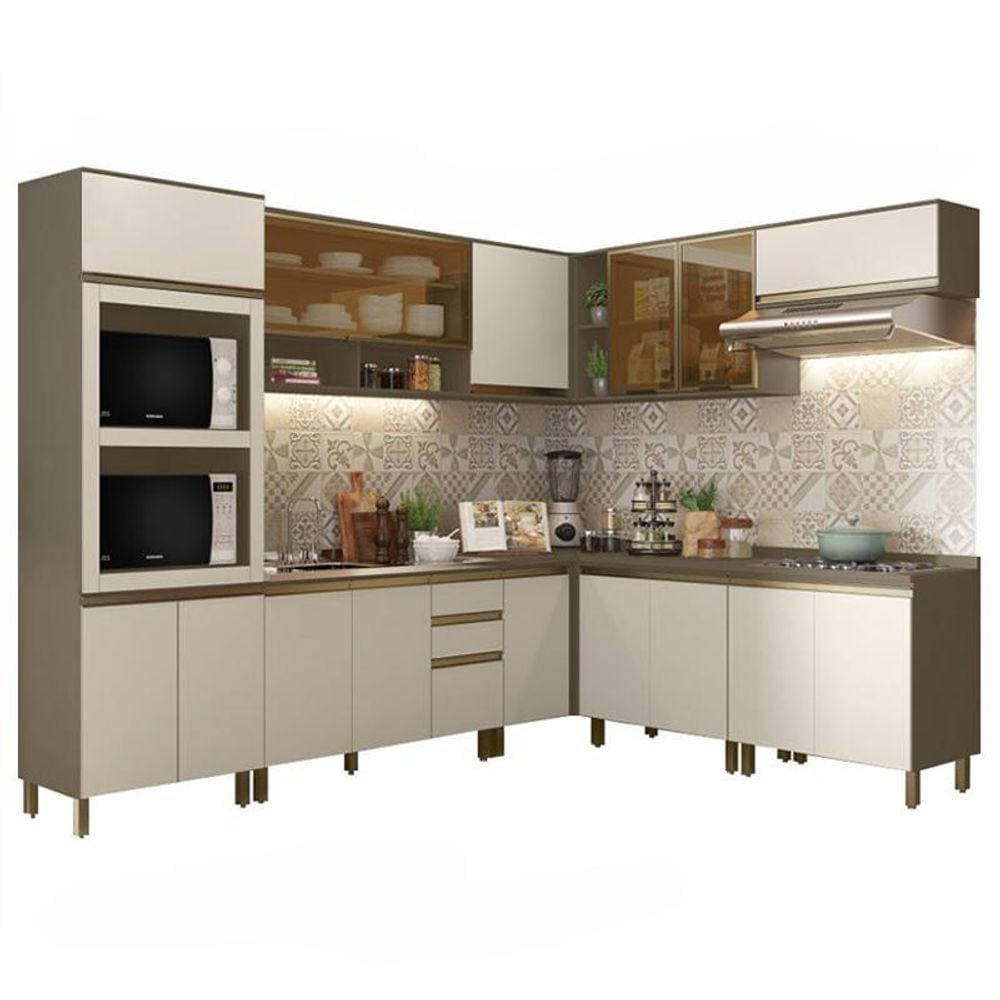 Cozinha Completa de Canto 9 Peças Connect com Aéreo Vidro Basculante - Móveis Henn