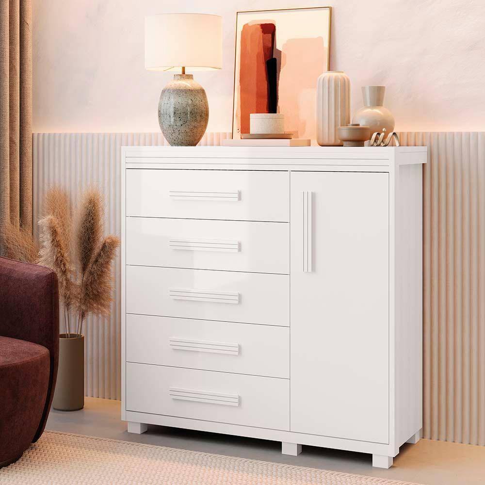 Cômoda 5 Gavetas 1 Porta Branco Londres Fênix | Ponto
