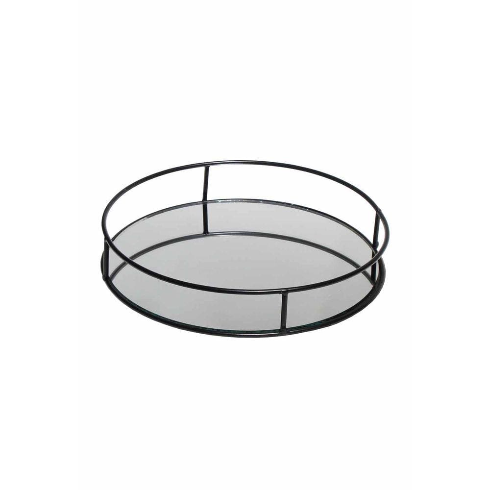 Bandeja Metal com Espelho Redonda Lavabo Banheiro Preto