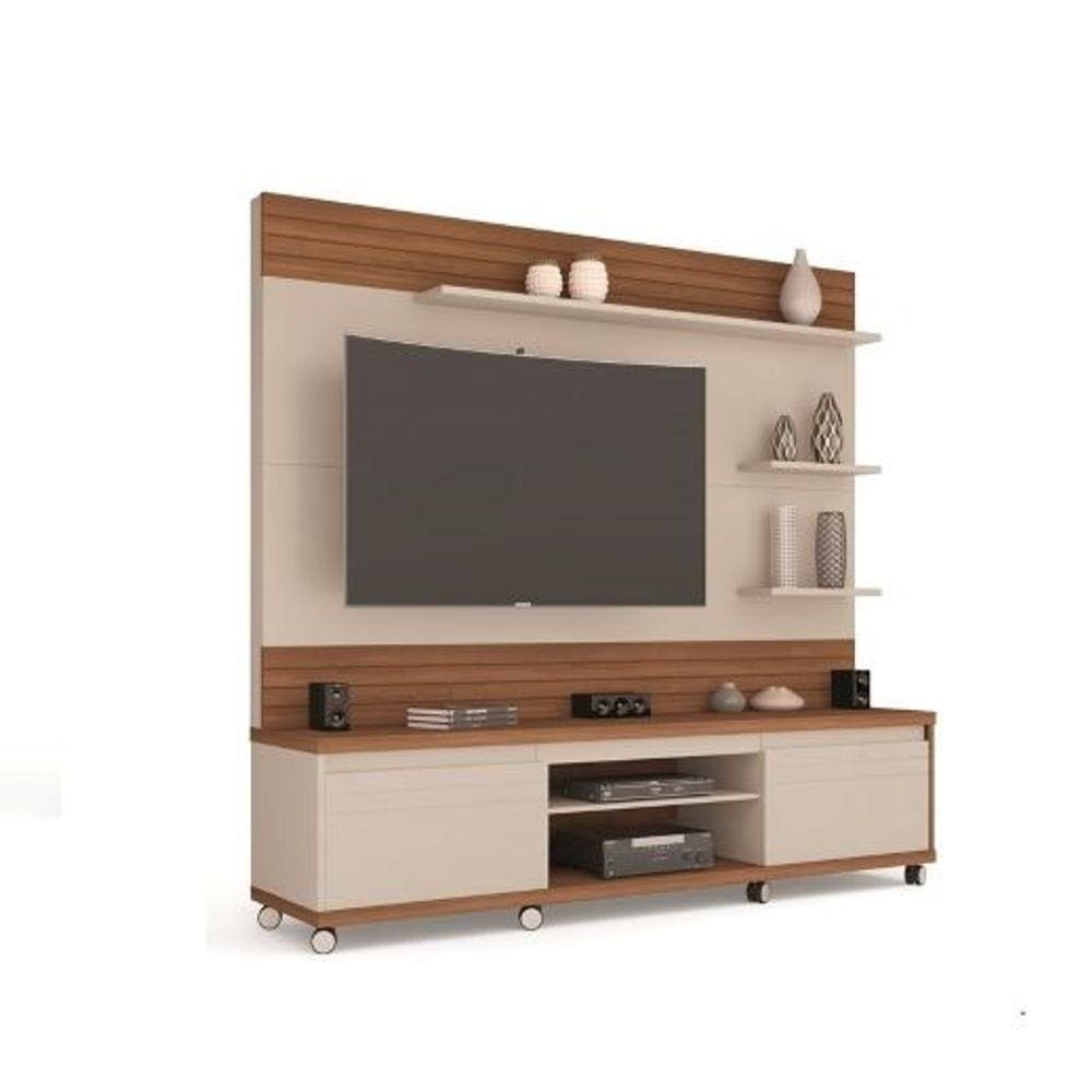 Home Estante Painel TV Até 60 Polegadas Rodízios 2 Portas Prateleiras Nichos Cedro