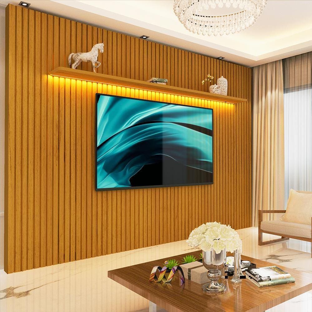 Painel Ripado Grande Para TV Até 85 Polegadas Com LED Naturale Nobre Gelius