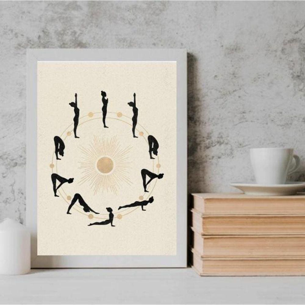 Quadro Yoga Posições 24x18cm Com Vidro - Madeira Branca