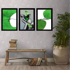Kit 3 Quadros Abstr. Verdes Mulher 45x34cm - Madeira Branca