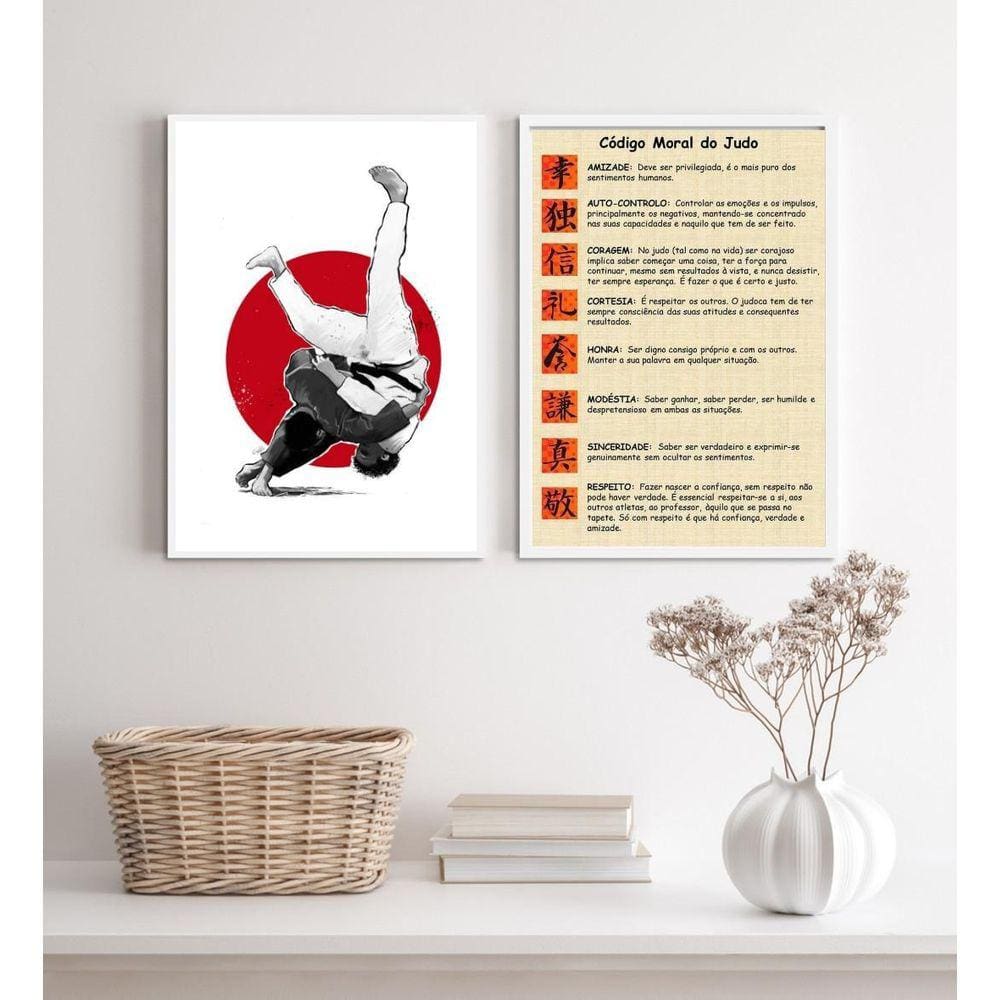 Kit 2 Quadros Judô 24x18cm - Vidro e Moldura Madeira Preta