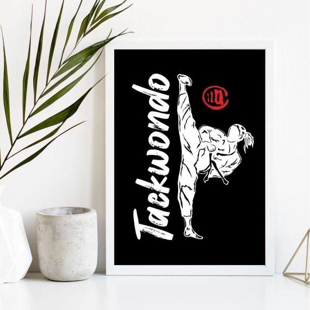 Quadro Decorativo Taekwondo 24x18cm Moldura Madeira Branca