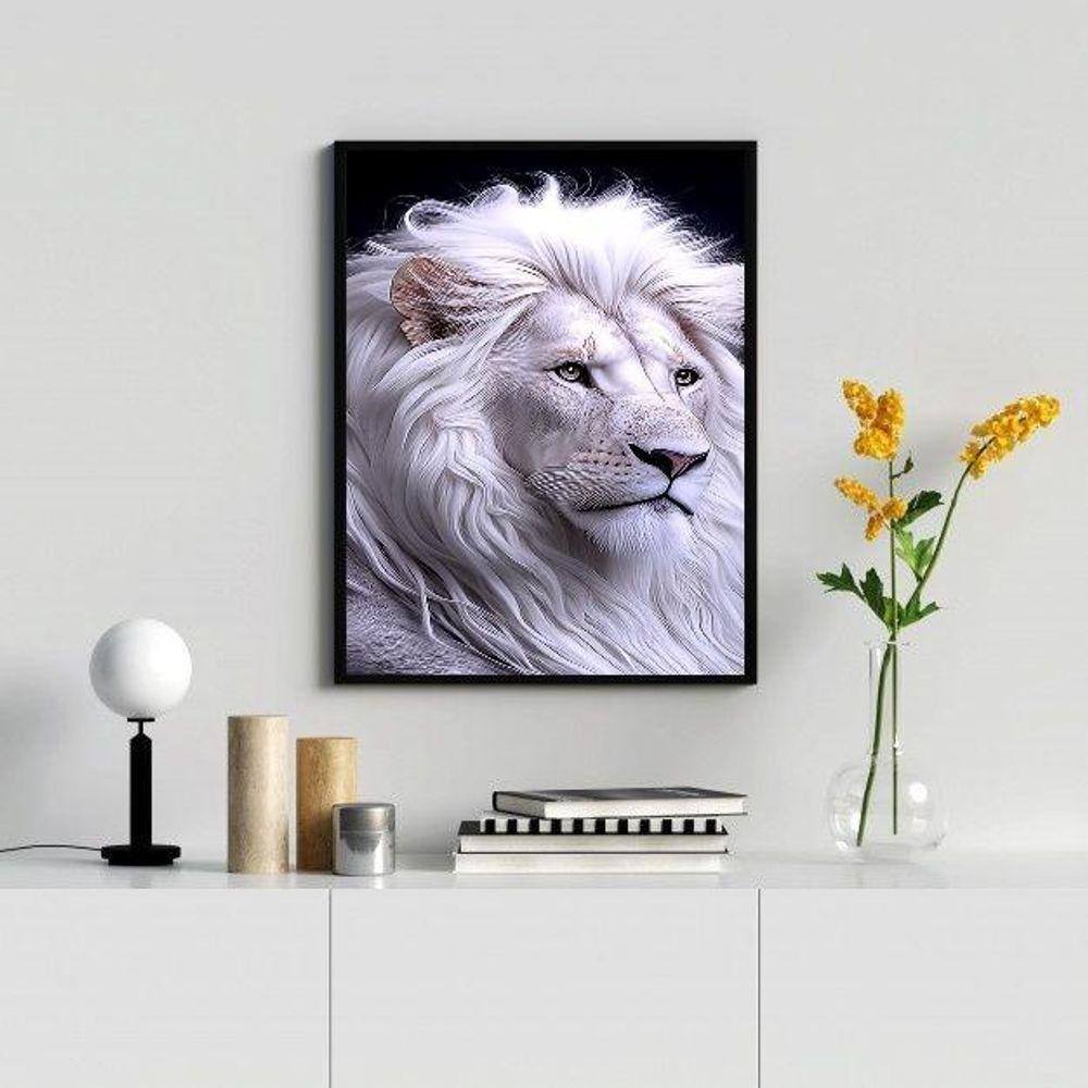 Quadro Leão Branco 45x34cm - Moldura Madeira Branca