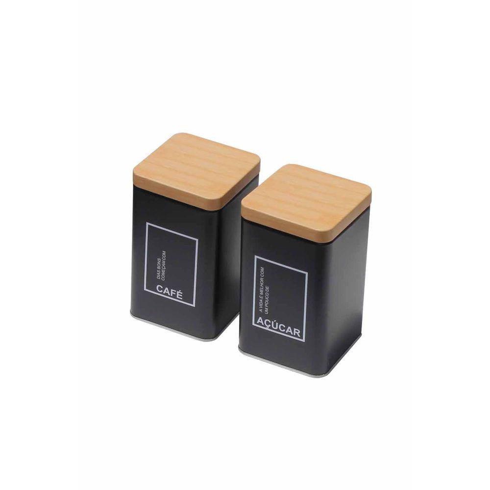 Kit 2 Pote Lata Porta Café Açúcar - Preto Fosco - Yoi