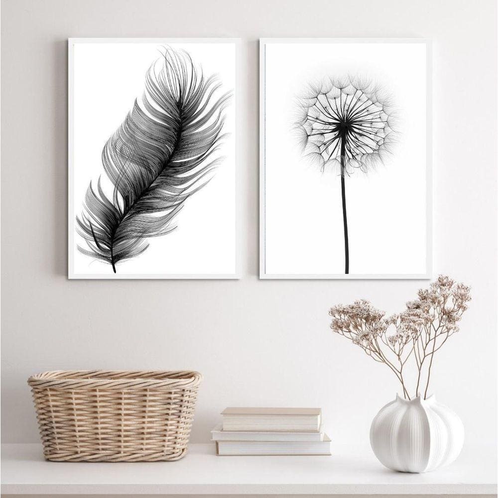 Kit 2 Quadros Minimalistas Pena/Flor - 33x24cm, Pretos