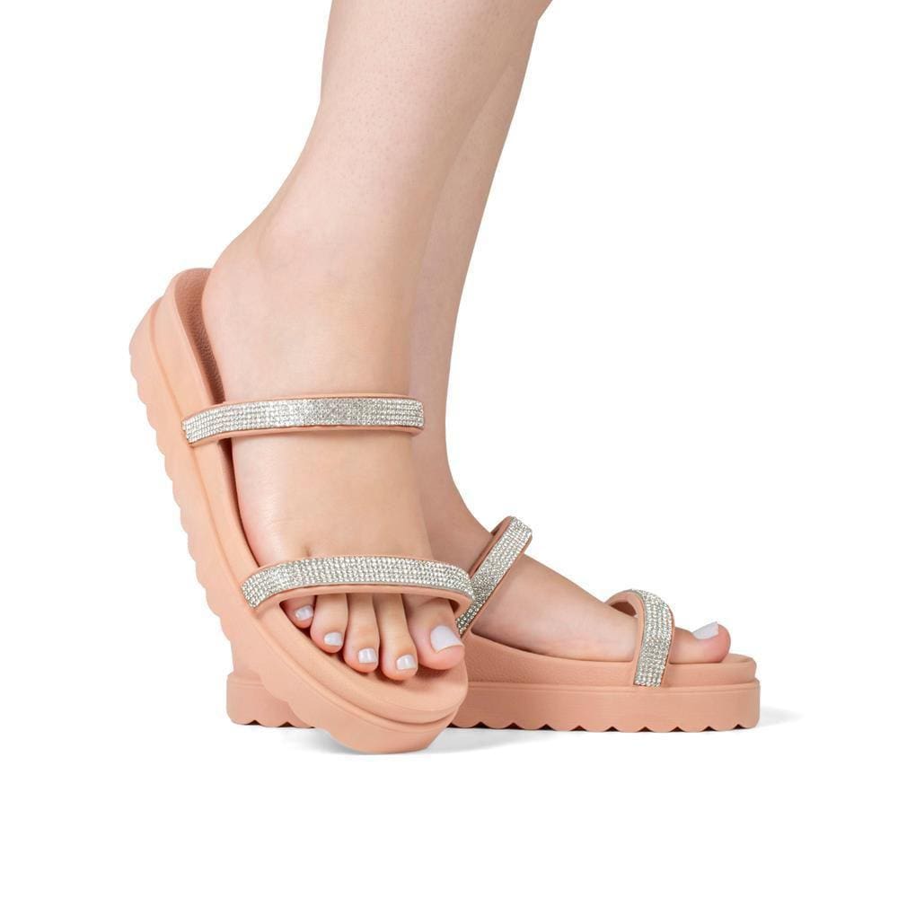 Papete Feminina Com Strass Flatform Sandália Rasteira Brilho