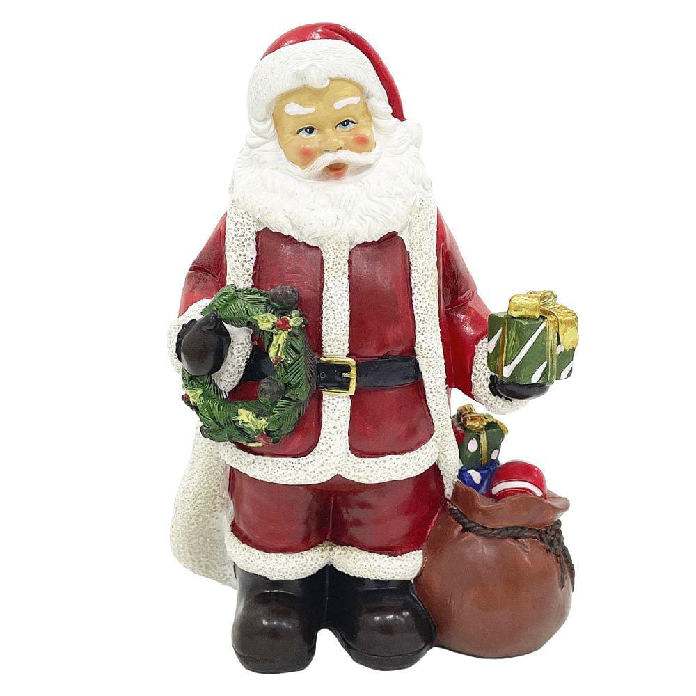 Escultura Papai Noel em Resina com Guirlanda e Presente
