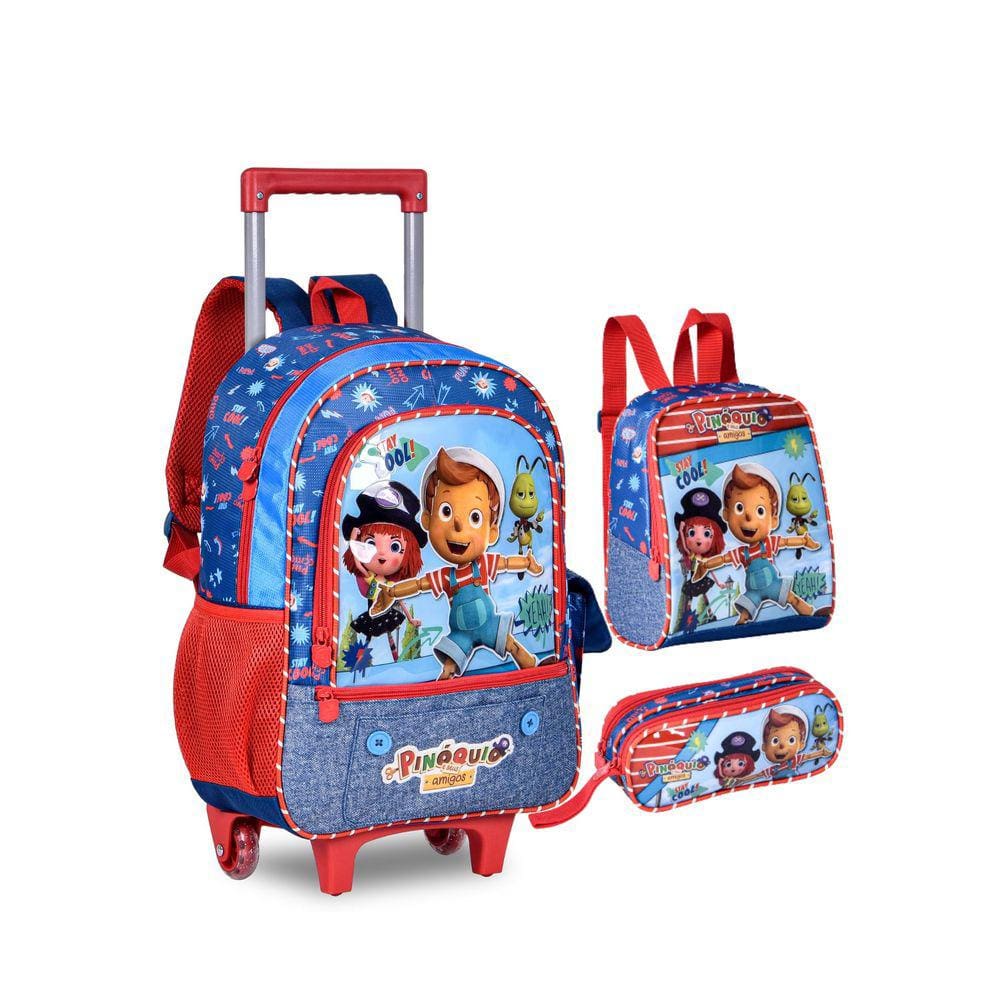 Kit Mochila Escolar Rodinha Pinóquio Lancheira Estojo