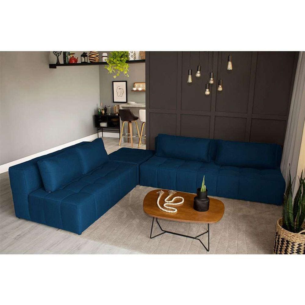 sofá modular 2 e 3 lugares com puff soho linho azul marinho