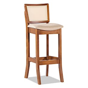 Banqueta Alta em Madeira com Encosto em Rattan Portugal Estofada Linho Bege M58