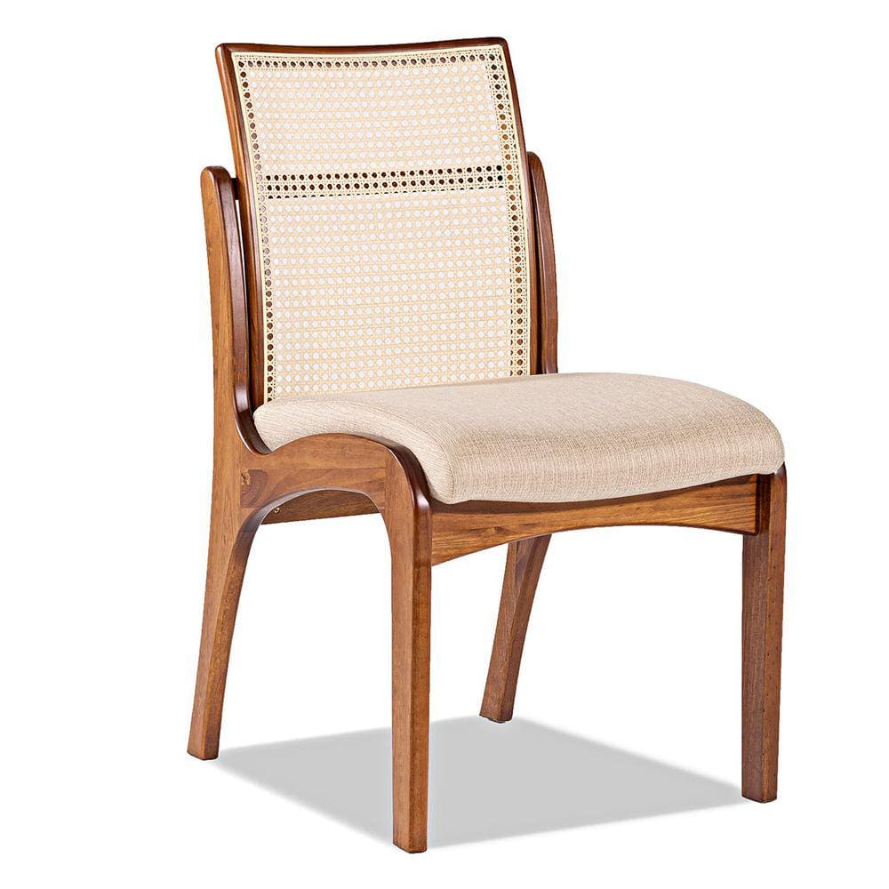 Cadeira com Encosto Rattan p mesa de Jantar Lisboa Madeira Maciça Linho Bege M58