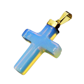 Colar Crucifixo Pedra da Lua ou Opalina Envolto Dourado