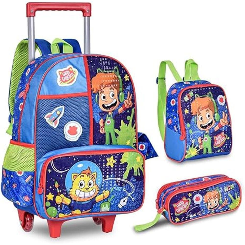 Kit Mochila de Rodinhas Estojo e Lancheira Gato Galáctico
