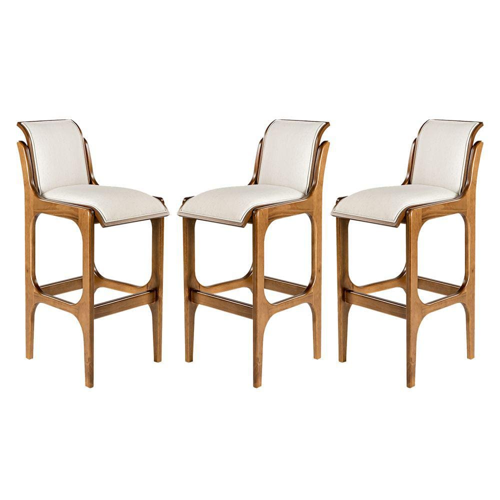 Kit 3 Banquetas para Área Gourmet 37x101Cm Barcelona Madeira Imbuia Linho Bege Cru L71