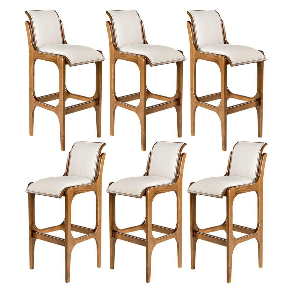 Kit 6 Banquetas Alta para Balcão 37x101Cm Barcelona Madeira Imbuia Linho Bege Cru L71