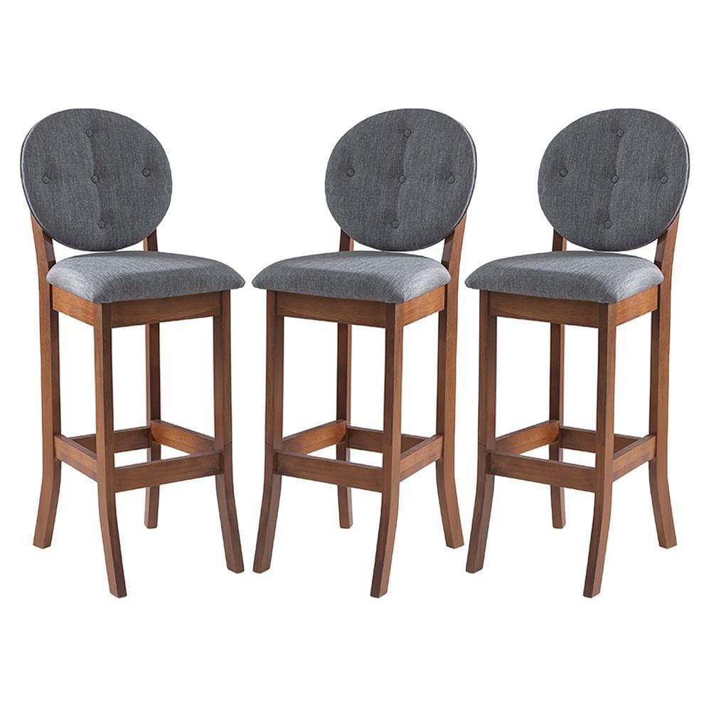 Kit 3 Banquetas Alta Estofada com Encosto Florence 113 x 36 Cm Madeira Maciça Linho Cinza L55