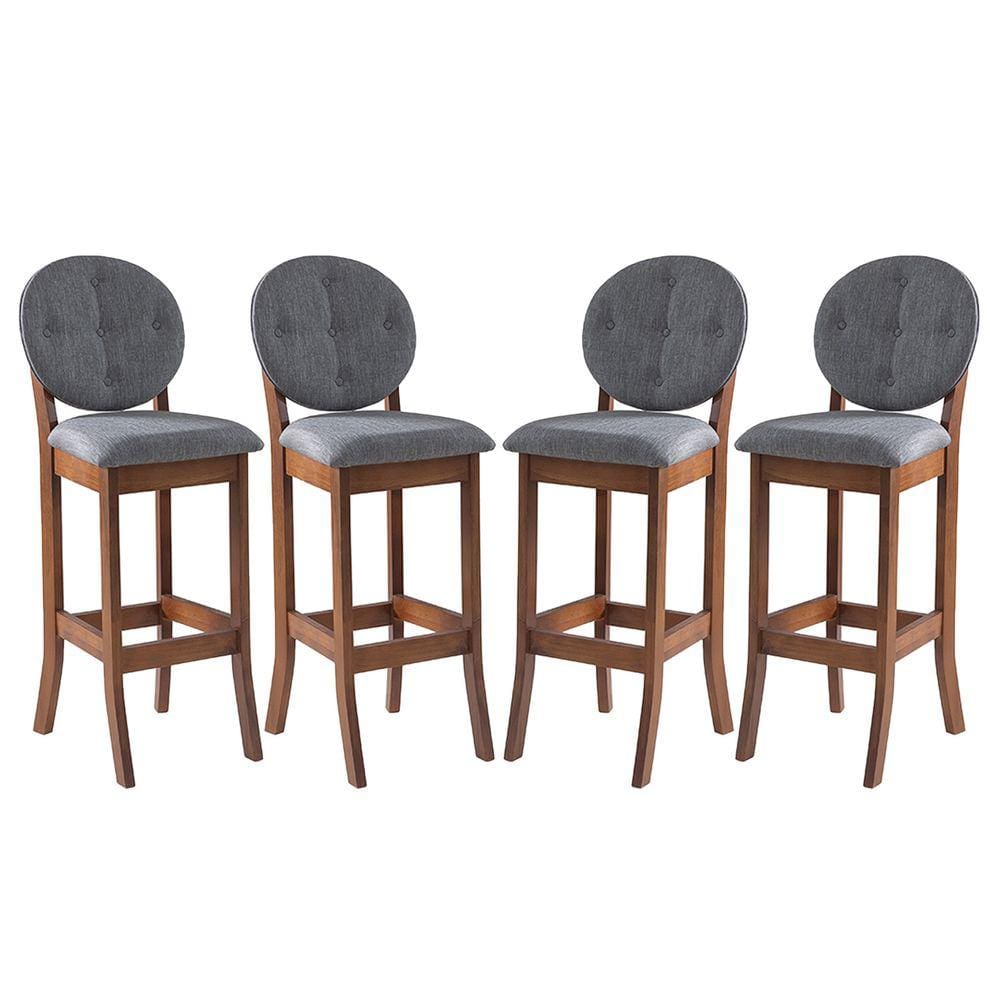 Kit 4 Banquetas Alta Estofada com Encosto Florence 113 x 36 Cm Madeira Maciça Linho Cinza L55