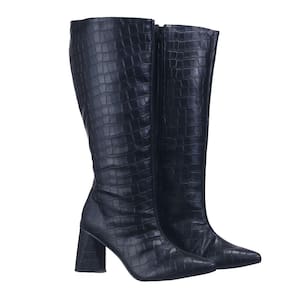 Bota Cano Alto Feminina Croco Salto Grosso e Bico Fino Fecho Zíper