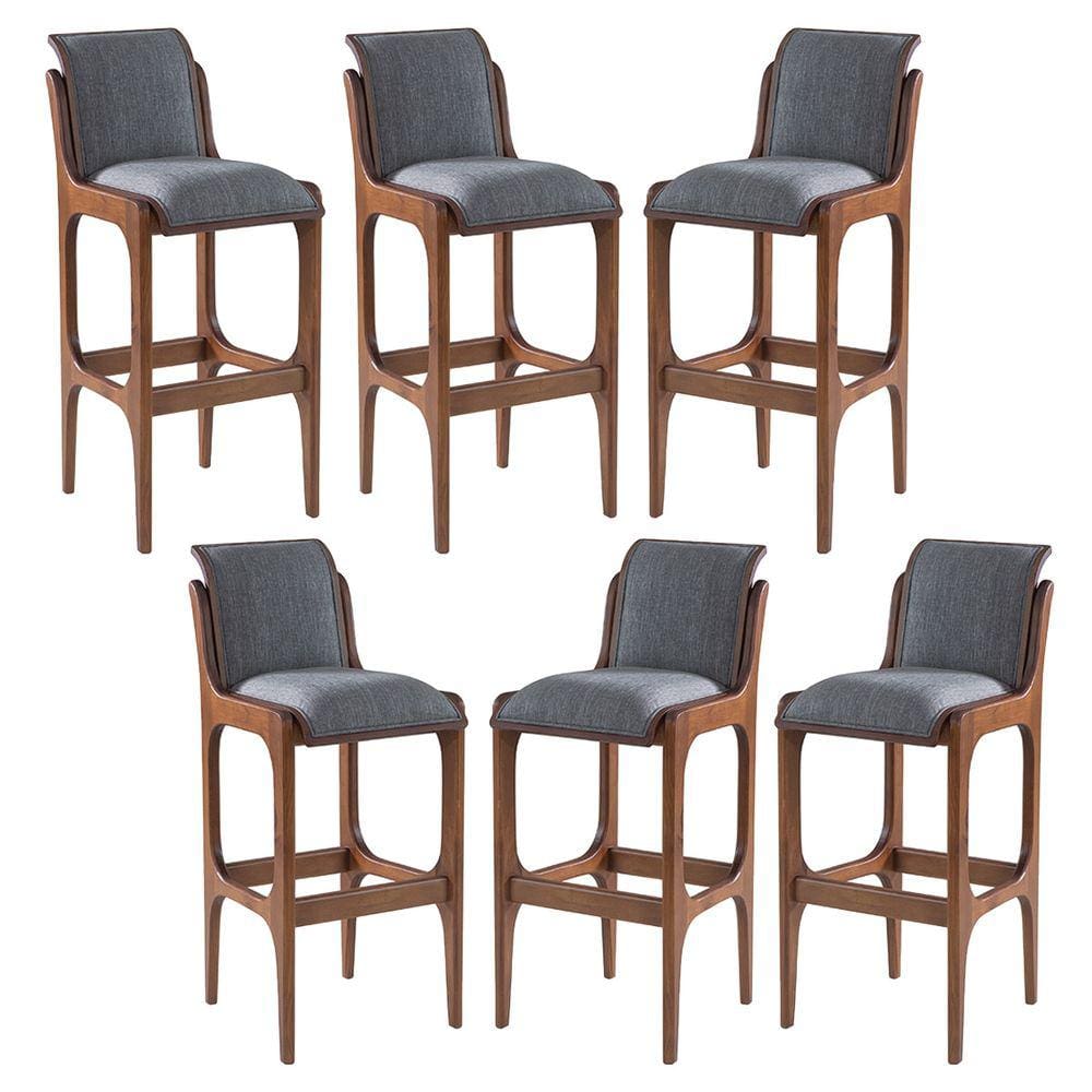 Kit 6 Banquetas Alta Estofada Barcelona 37x101Cm Madeira Maciça Linho Cinza L55