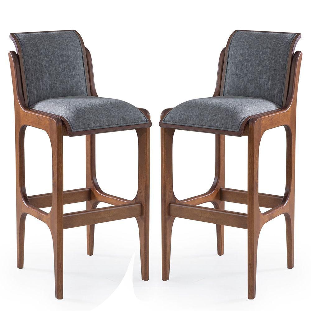 Kit 2 Banquetas Alta Estofada Barcelona 37x101Cm Madeira Maciça Linho Cinza L55