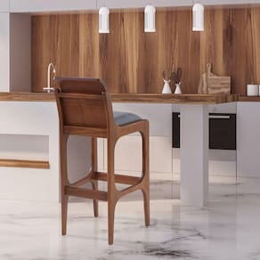 Banqueta Alta Estofada Barcelona 37x101Cm Madeira Maciça Linho Cinza L55
