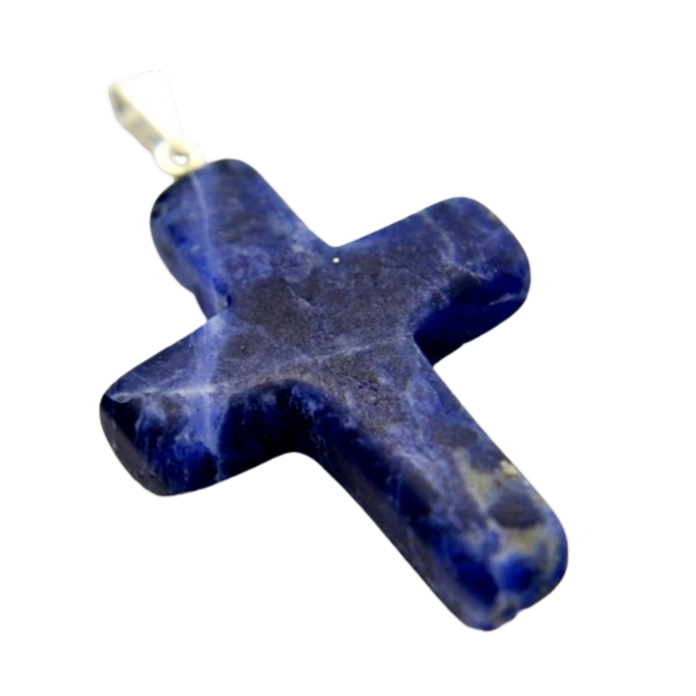 Colar Crucifixo Pedra Sodalita Natural Pino Prateado
