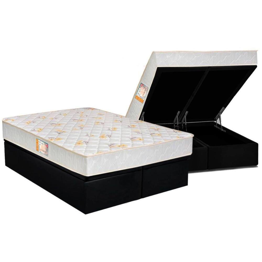 Cama Box Baú King: Colchão Espuma Castor D28 Sleep Max Duplo + Base CRC Suede Black(193x203)