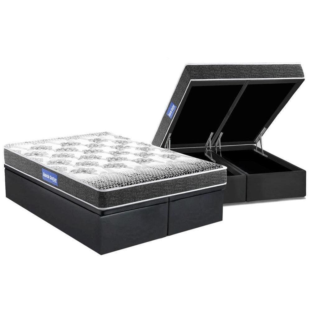 Cama Box Baú King: Colchão Espuma Probel D20 Guarda Costas Resistente Black + Base CRC Suede Gray(193x203)