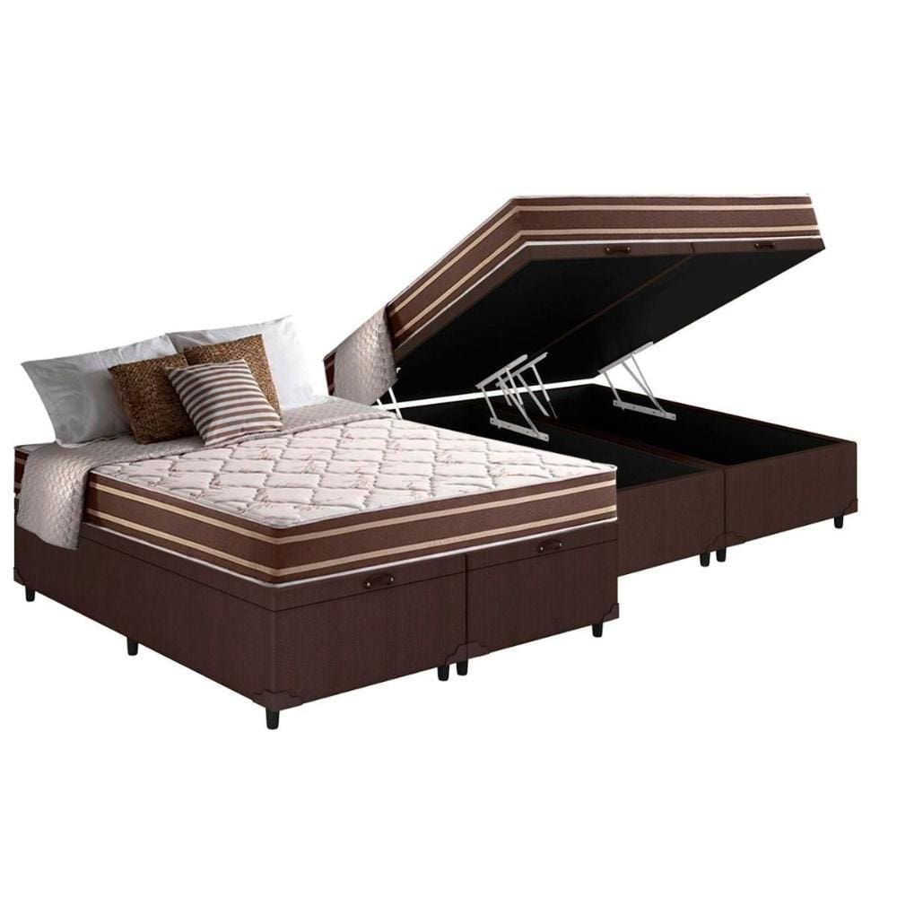 Cama Box Baú Queen: Colchão Molas Ensacadas Anjos MasterPocket Duo Sono + Base CRC Suede Brown(158x198)